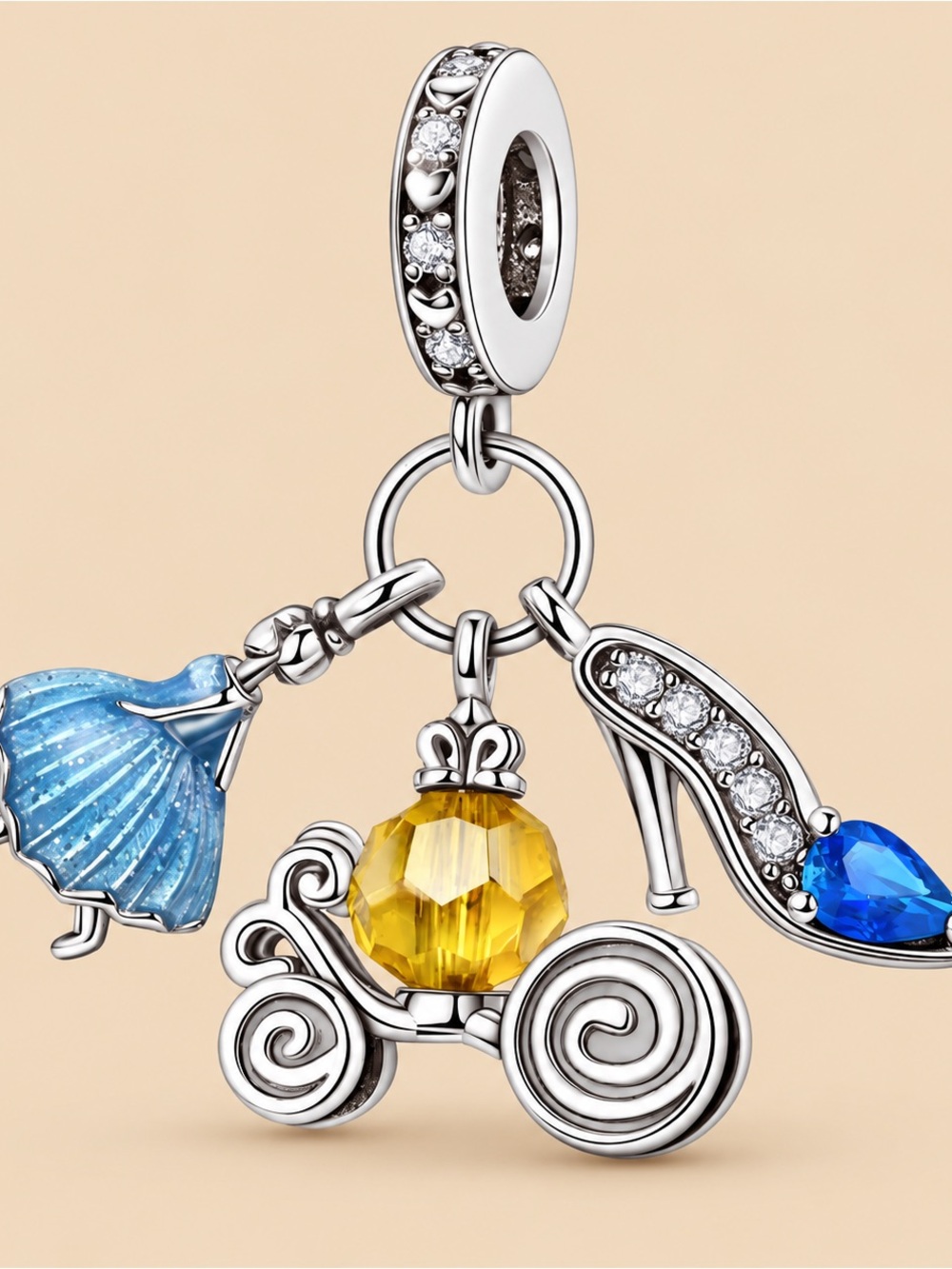 Sterling Silver Fairy Tale Carriage Charm with Blue and Yellow Crystals